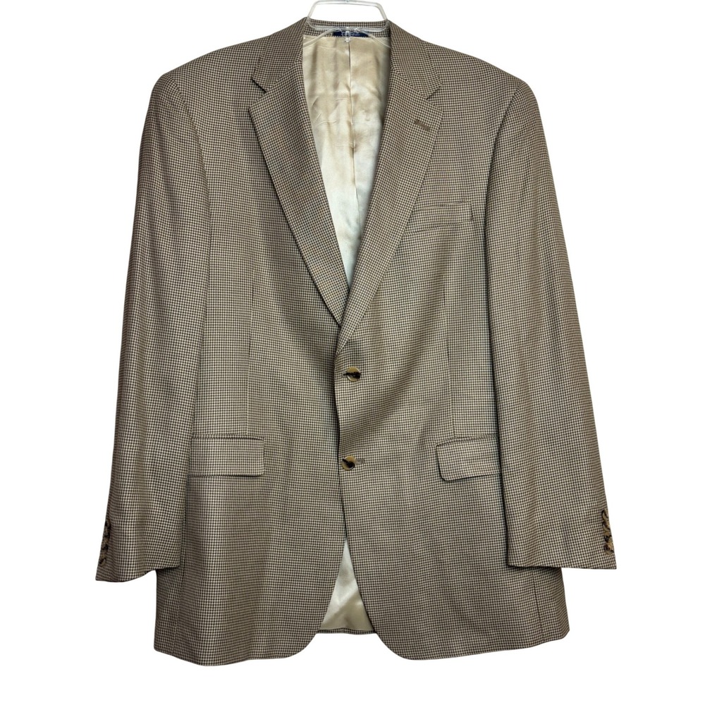 Hart Schaffner Marx Blazer Mens 44L Tan‎ Brown Houndstooth Sport Coat USA Made